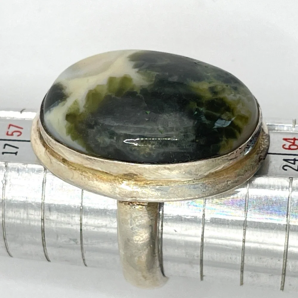 Vintage 925 Sterling Silver Moss Oval Cabochon Chunky Artisan Ring 9 1/4